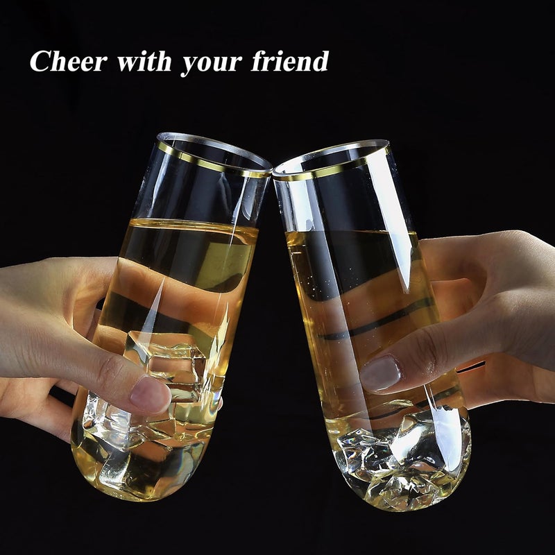 Bestluck 24 Pack 9 oz Stemless Plastic Champagne Flutes, Clear Disposable Champagne Glasses Gold Rim, Shatterproof and BPA-Free Drinkware for Party & Graduation & Wedding - Image 5